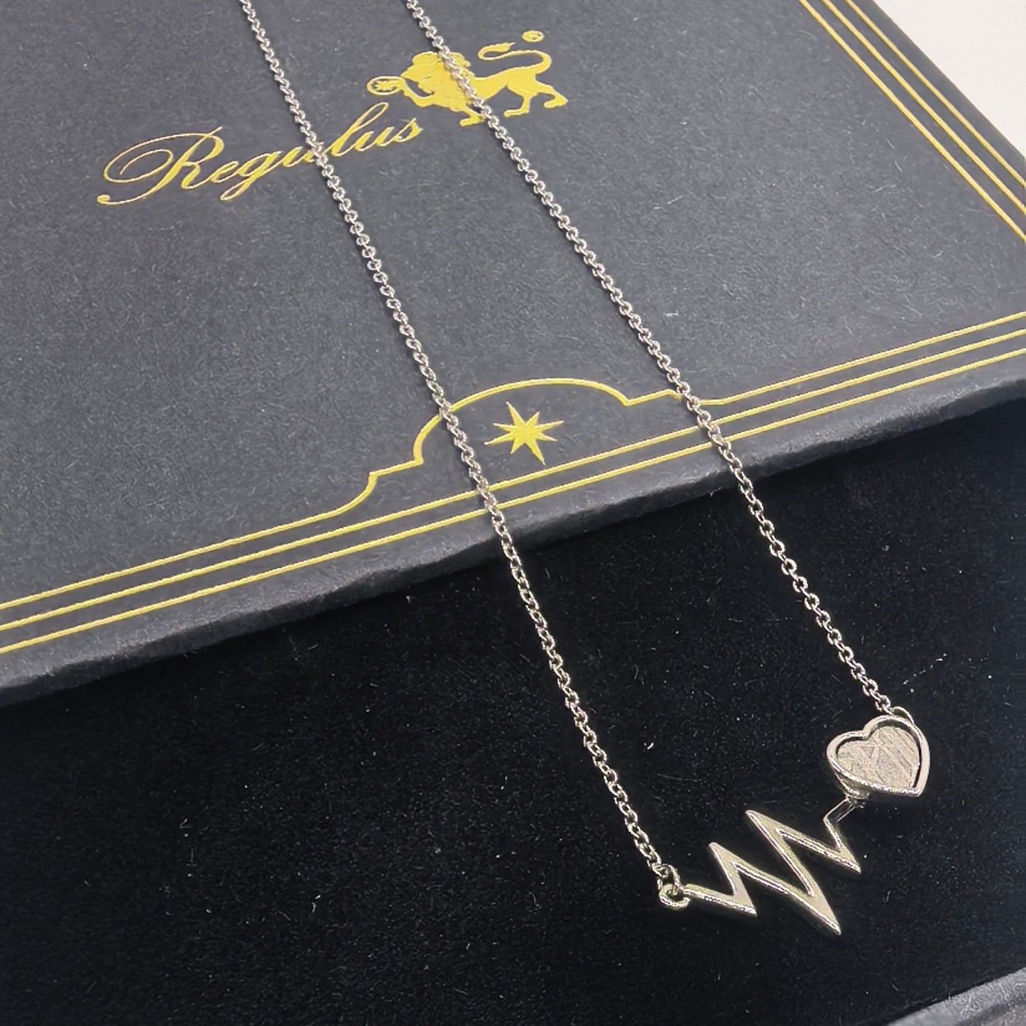 Minimalist Meteorite Heart Necklace,About 1.5 cm, ECG Heartbeat Design,Alloy & Meteorite Jewelry