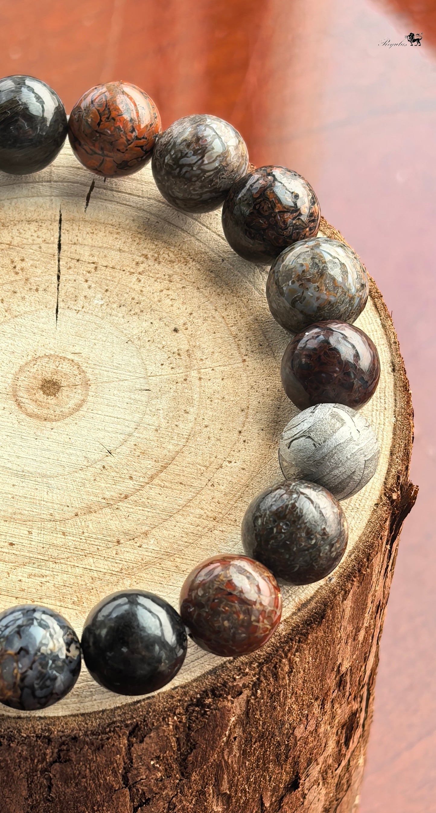 10mm Dinosaur Bone Meteorite Bracelet, Cosmic Fossil Jewelry, Paleontology Astronomy Gift