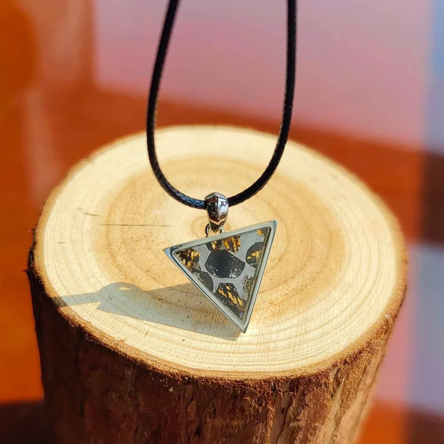 Pallasite Meteorite Triangle Pendant – Cosmic Olivine Crystal Jewelry, Outer Space Gift