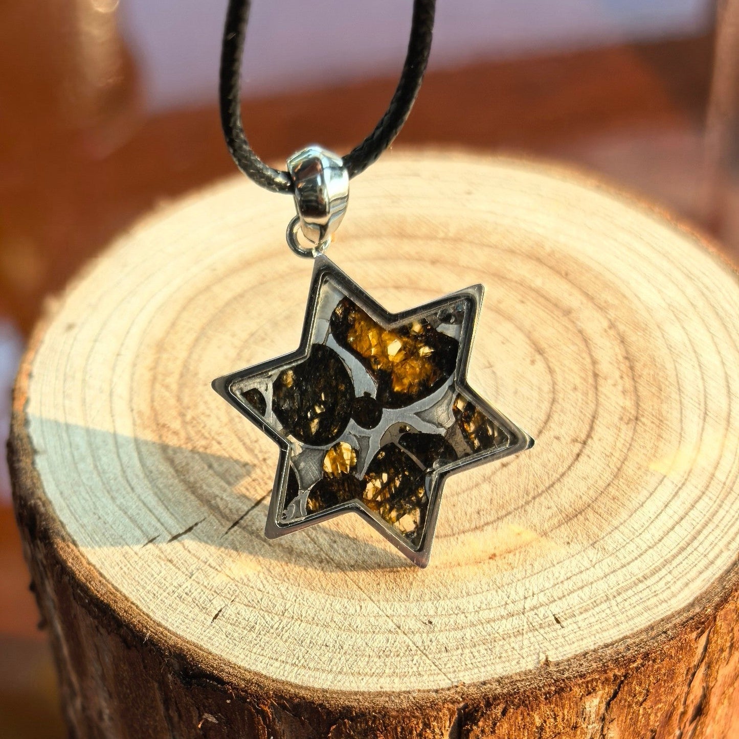 Pallasite Meteorite Star of David Pendant – Cosmic Olivine Crystal Necklace (2.7cm)