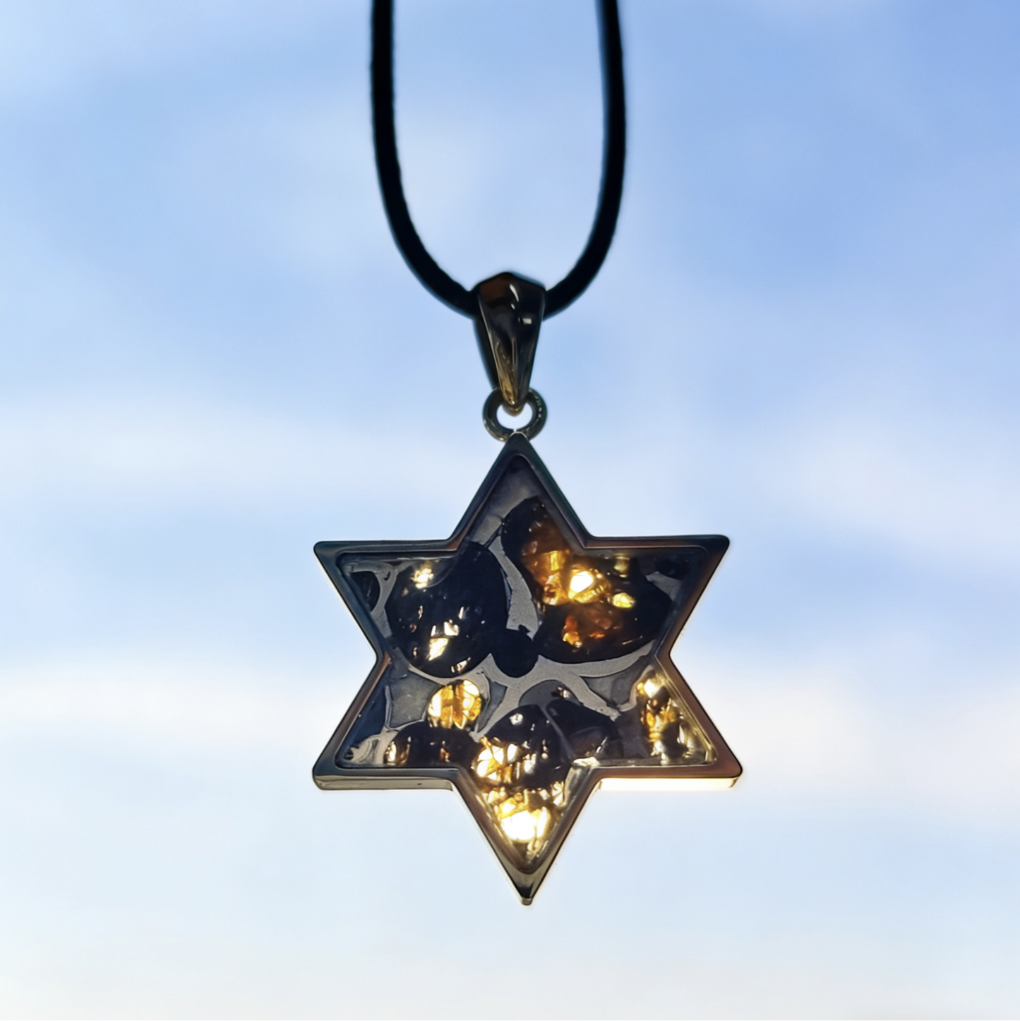 Pallasite Meteorite Star of David Pendant – Cosmic Olivine Crystal Necklace (2.7cm)