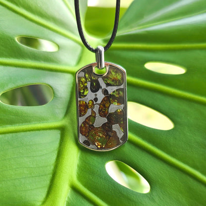 Natural Meteorite Pendant,Pallasite Square Dog Tag Necklace,Around 3.5*2cm,Unique Space Gemstone Jewelry for Men Women