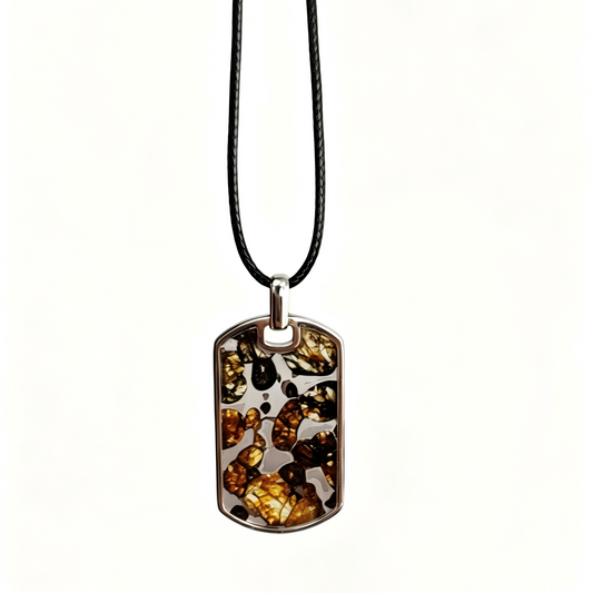 Natural Meteorite Pendant,Pallasite Square Dog Tag Necklace,Around 3.5*2cm,Unique Space Gemstone Jewelry for Men Women