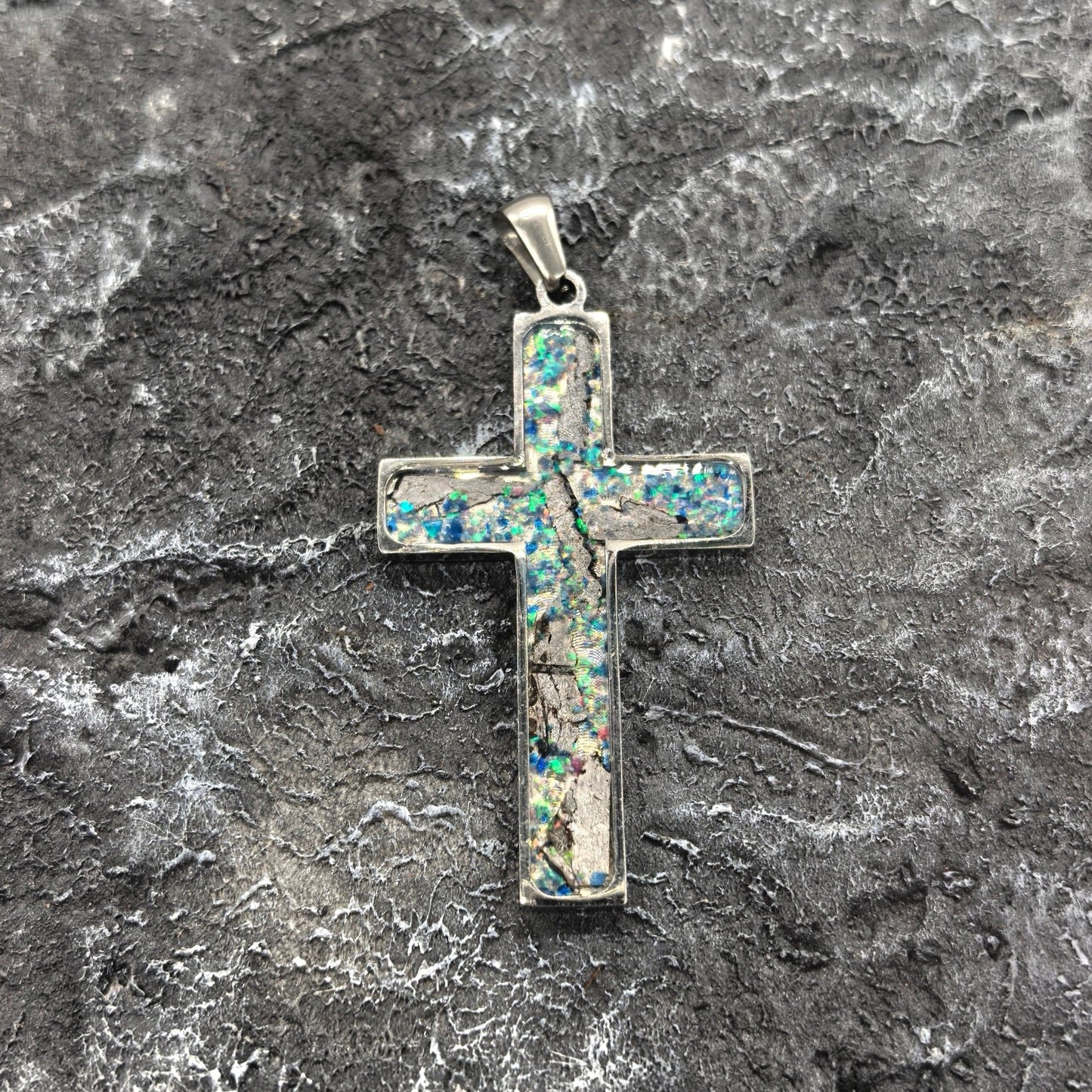 Iron Meteorite Cross Necklace with Natural Shell, Stainless Steel, Celestial Jewelry, 4.1*2.4cm,Unique Gift for Him/Her