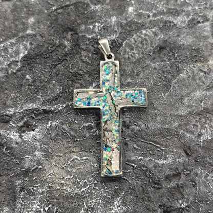 Iron Meteorite Cross Necklace with Natural Shell, Stainless Steel, Celestial Jewelry, 4.1*2.4cm,Unique Gift for Him/Her
