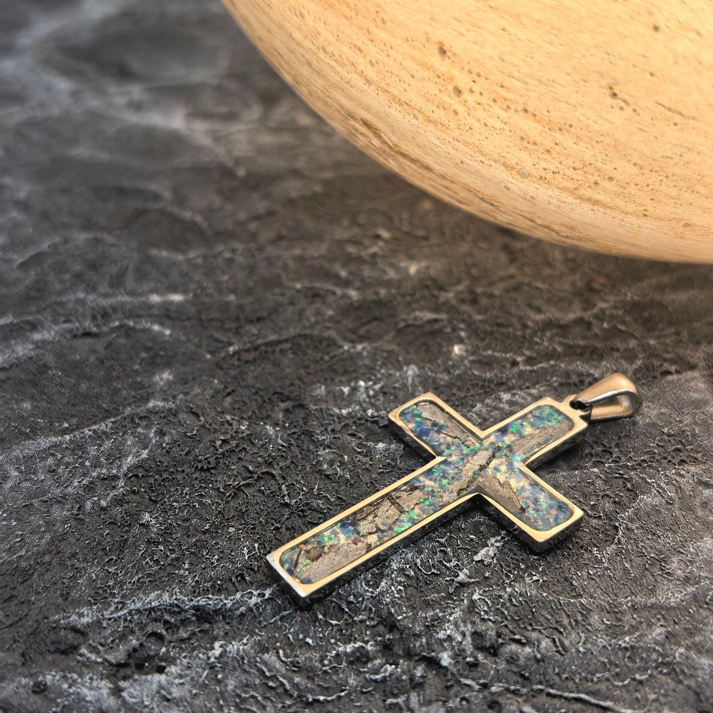 Iron Meteorite Cross Necklace with Natural Shell, Stainless Steel, Celestial Jewelry, 4.1*2.4cm,Unique Gift for Him/Her