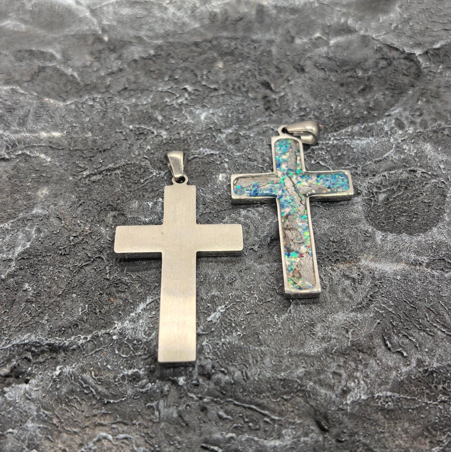 Iron Meteorite Cross Necklace with Natural Shell, Stainless Steel, Celestial Jewelry, 4.1*2.4cm,Unique Gift for Him/Her