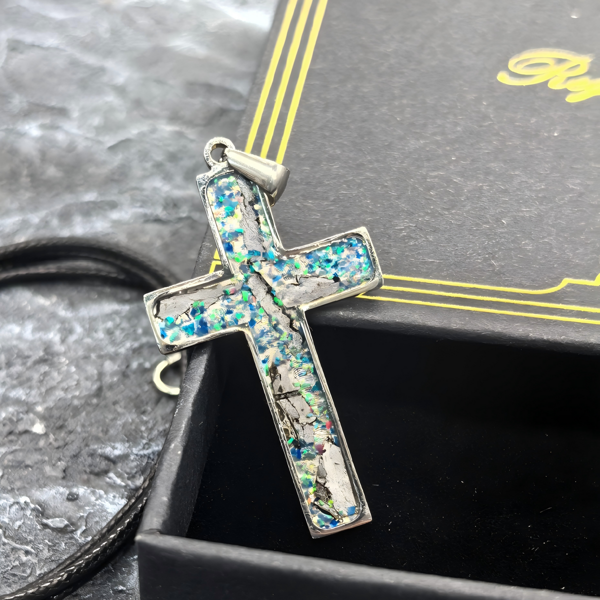 Iron Meteorite Cross Necklace with Natural Shell, Stainless Steel, Celestial Jewelry, 4.1*2.4cm,Unique Gift for Him/Her