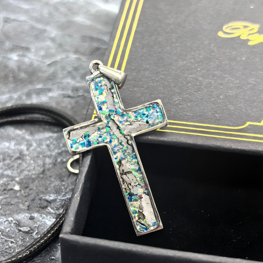 Iron Meteorite Cross Necklace with Natural Shell, Stainless Steel, Celestial Jewelry, 4.1*2.4cm,Unique Gift for Him/Her