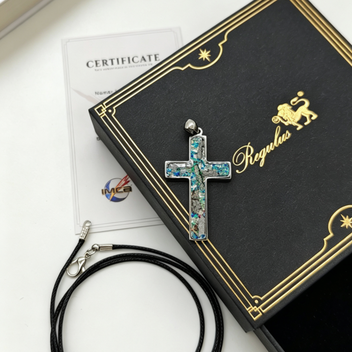 Iron Meteorite Cross Necklace with Natural Shell, Stainless Steel, Celestial Jewelry, 4.1*2.4cm,Unique Gift for Him/Her