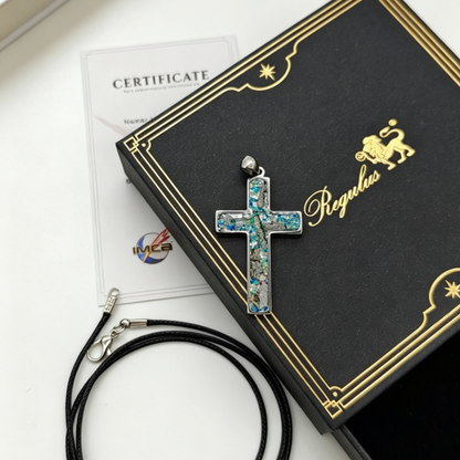 Iron Meteorite Cross Necklace with Natural Shell, Stainless Steel, Celestial Jewelry, 4.1*2.4cm,Unique Gift for Him/Her