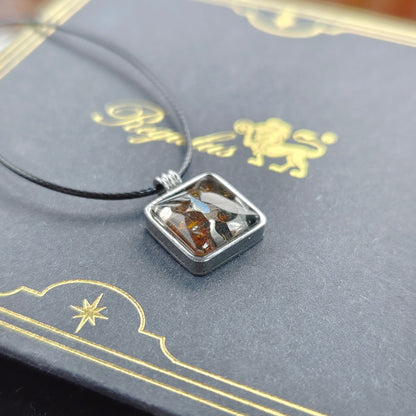 Natural Pallasite Meteorite Square Pendant, Stainless Steel Necklace,Around 1.4×1.4cm,Cosmic Space Gift, Unique Astronomy Lover Gift