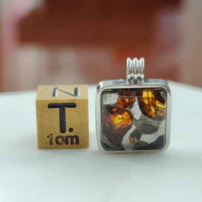 Natural Pallasite Meteorite Square Pendant, Stainless Steel Necklace,Around 1.4×1.4cm,Cosmic Space Gift, Unique Astronomy Lover Gift
