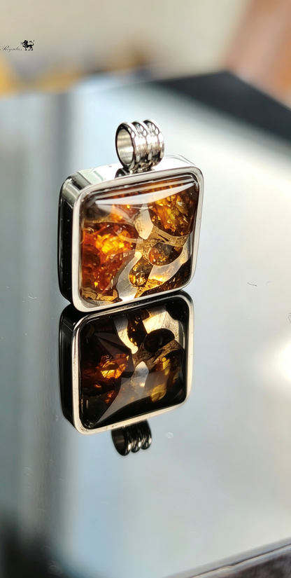 Natural Pallasite Meteorite Square Pendant, Stainless Steel Necklace,Around 1.4×1.4cm,Cosmic Space Gift, Unique Astronomy Lover Gift