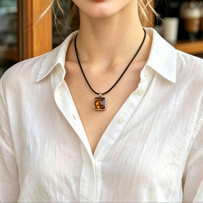 Natural Pallasite Meteorite Square Pendant, Stainless Steel Necklace,Around 1.4×1.4cm,Cosmic Space Gift, Unique Astronomy Lover Gift