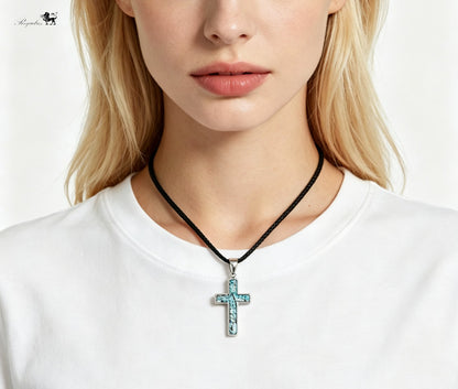 Iron Meteorite Cross Necklace with Natural Shell, Stainless Steel, Celestial Jewelry, 4.1*2.4cm,Unique Gift for Him/Her
