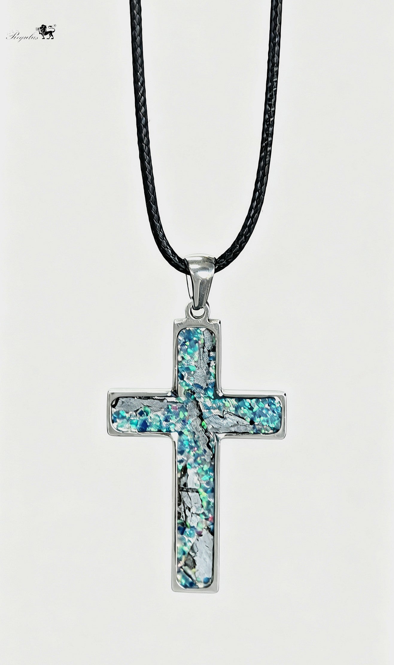 Iron Meteorite Cross Necklace with Natural Shell, Stainless Steel, Celestial Jewelry, 4.1*2.4cm,Unique Gift for Him/Her