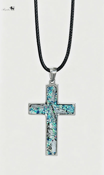 Iron Meteorite Cross Necklace with Natural Shell, Stainless Steel, Celestial Jewelry, 4.1*2.4cm,Unique Gift for Him/Her