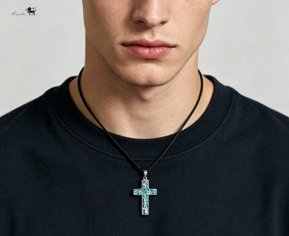 Iron Meteorite Cross Necklace with Natural Shell, Stainless Steel, Celestial Jewelry, 4.1*2.4cm,Unique Gift for Him/Her