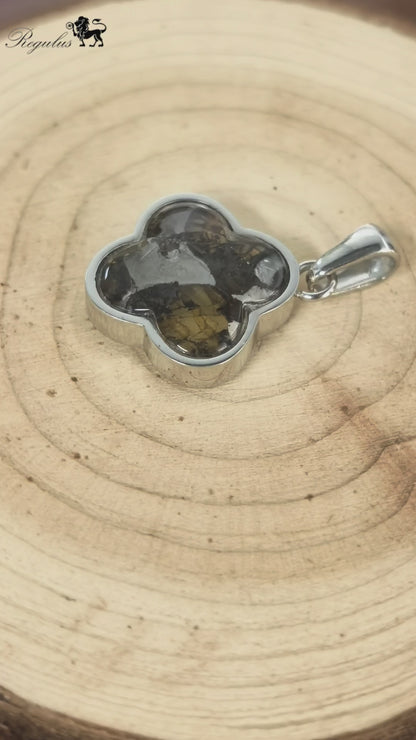 Real Meteorite Jewelry – Tiny 4 Leaf Clover Pendant (1.7cm), Pallasite meteorite in Stainless Steel, Unique Gift for Him Her