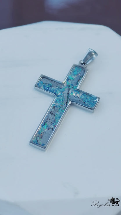 Iron Meteorite Cross Necklace with Natural Shell, Stainless Steel, Celestial Jewelry, 4.1*2.4cm,Unique Gift for Him/Her