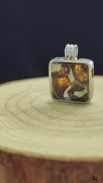 Natural Pallasite Meteorite Square Pendant, Stainless Steel Necklace,Around 1.4×1.4cm,Cosmic Space Gift, Unique Astronomy Lover Gift