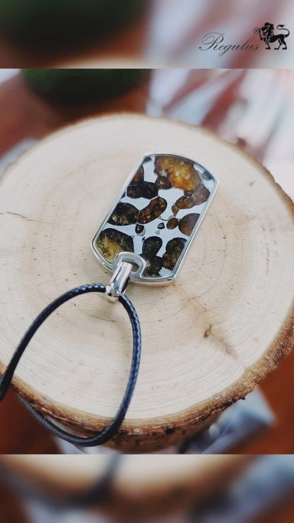 Natural Meteorite Pendant,Pallasite Square Dog Tag Necklace,Around 3.5*2cm,Unique Space Gemstone Jewelry for Men Women