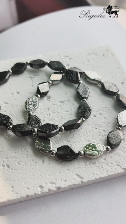 Iron Meteorite Bracelet, Widmanstätten Pattern, Diamond Cut Beads, Unisex Jewelry